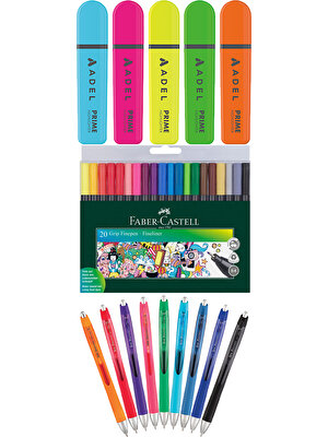 Adel - Faber Castell - Serve 34 Renk Fosforlu Kalem Seti + Inn Boyanabilir Kalemlik Hediyeli