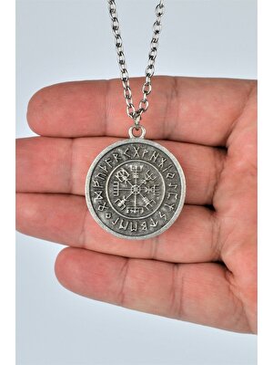 Bu Farklı Viking Pusula Madalyon Kolye Erkek Kadın Antik Gümüş Kaplama 60 cm Zincir