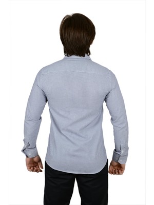 Önkal Gömlek Slimfit Kesim Beyaz Üzerine Mavi ve Siyah Pitikare Desenli Klasik Yaka Erkek Gömlek