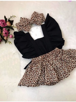 Miray Bebe Bandanalı Leopar Desen Salopet Takım