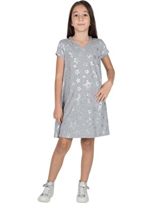 Silversun Silversunkids | Kız Genç Gri Melanj Renkli Yıldız Baskılı Kısa Kollu Elbise Örme Elbise | Ek 315919