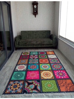 STY Home Çini Kaymaz Tabanlı Yıkanabilir Halı Kilim Yolluk Dijital Baskı Mavi4