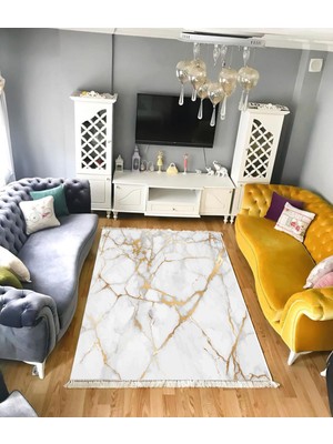 STY Home Mablet Gold Kaymaz Tabanlı Yıkanabilir Halı Kilim Yolluk Dijital Baskı Beyaz