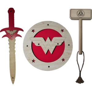 Ahşap Oyuncak Seti Wonder Woman Kalkanı Kılıcı ve Ahşap Tor Thor Çekici