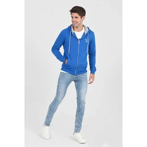 HILGARD Mavi Kapüşonlu ve Fermuarlı Baskılı Standard Fit Erkek Sweatshirt