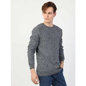 Slim Fit Yuvarlak Yaka  Erkek Mavi Kazak