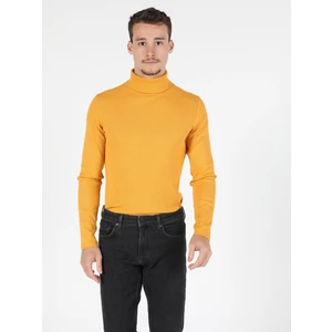 Slim Fit Yarım Balıkçı Yaka Düz Erkek Sari Uzun Kol Tişört