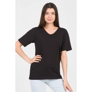 As Collection Siyah V Yaka Kısa Kol Örme Kadın T-Shirt
