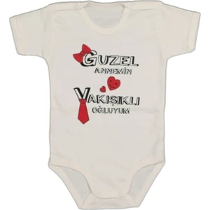 Unisex Bebek  Body Kısa Kollu Güzel Annemin Yakışıklı Oğluyum Baskılı Body