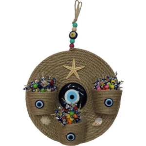 Üç Saksılı Nazar Boncuklu Hasır Örgü Duvar Süsü 25CM