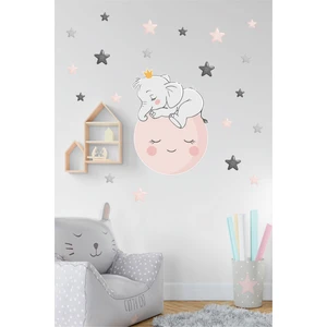 Bk Dekorasyon Ay Üstünde Uyuyan Sevimli Fil ve Yıldızlar Çocuk Odası Duvar Sticker