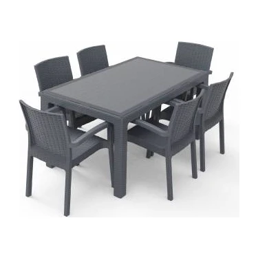Violet Rattan Masa Takımı 90x150 Camlı Masa 6 Kişilik Rattan Sandalye Seti Bahçe Balkon Teras
