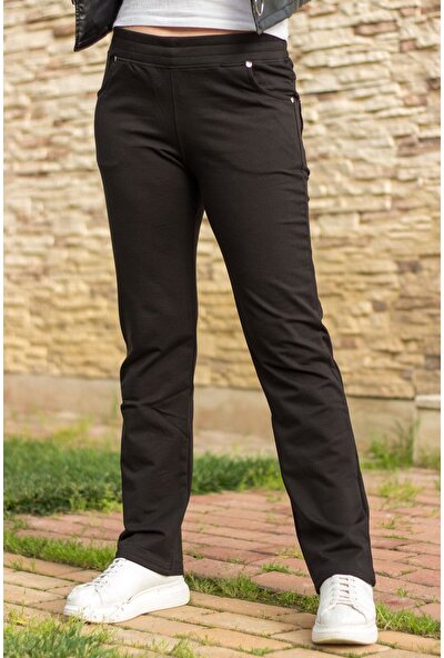 Azıcık Akıllı Kadın Siyah Ön Arka Cep Gizli Ipli Lastikli Rahat Pantolon Eşofman Altı 21KESAPANT