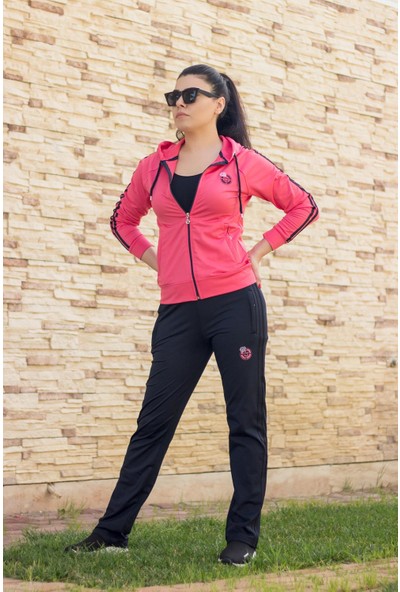 Azıcık Akıllı Kadın Pembe Iki Şeritli Biyeli Fermuarlı Kapüşonlu Spor Eşofman Takımı 21KESTAX11
