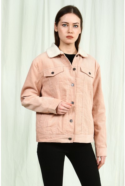 Collezione Pudra Yakası Peluş Detaylı Kadife Kadın Ceket