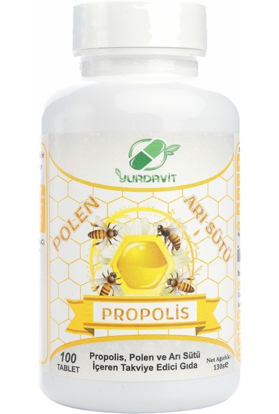 Yurdavit Propolis Polen Arı Sütü 100 Tablet Vitamin C 1000 Mg C Vitamini Kuşburnu Çinko 200 Tablet
