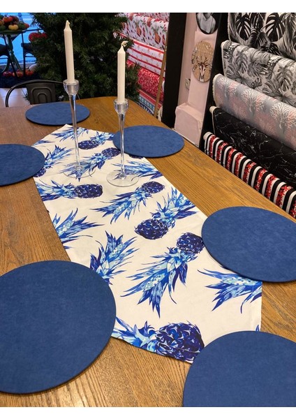 Tuğçe Demir Home Desıgn Mavi Ananas Desen Runner Supla (Amerikan Servis) Takım