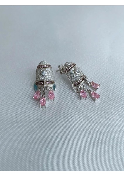 Gümüş Pembe Zirkon +Beyaz Micro Taşlı,roket Küpe