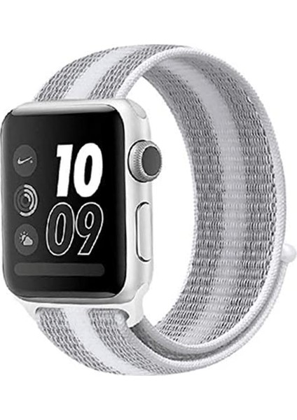 Apple Watch 42MM Uyumlu Saat Kayışı Hasır Örme Kordon Beyaz-Gri
