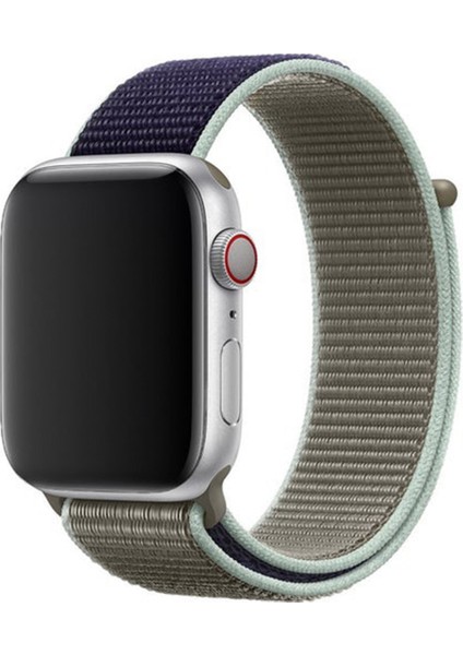 Apple Watch 44MM Uyumlu Saat Kayışı Hasır Örme Kordon Khaki Navy