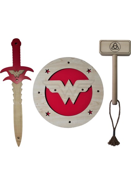 Ahşap Oyuncak Seti Wonder Woman Kalkanı Kılıcı ve Ahşap Tor Thor Çekici