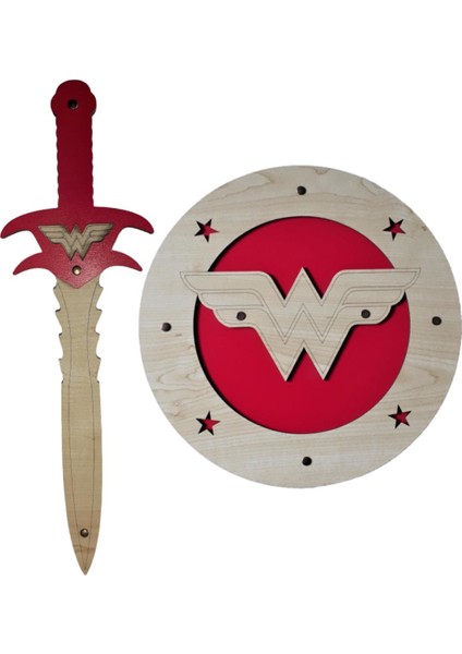 Ahşap Oyuncak Seti Wonder Woman Kalkanı Kılıcı ve Ahşap Tor Thor Çekici modelleri