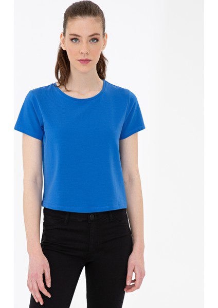 Kadın Saks Crop Top Tişört 50243096-VR045