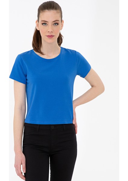 Kadın Saks Crop Top Tişört 50243096-VR045 modelleri