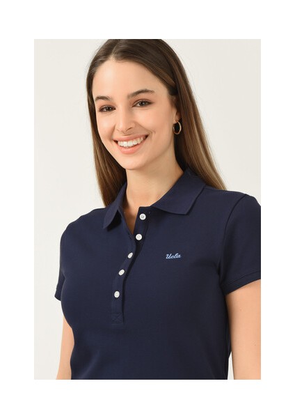 SHAVER Lacivert Polo Yaka Nakışlı Kadın Tshirt