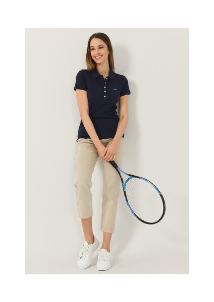 SHAVER Lacivert Polo Yaka Nakışlı Kadın Tshirt