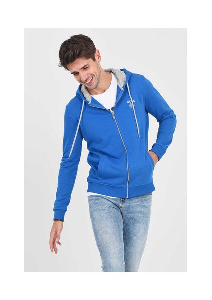 HILGARD Mavi Kapüşonlu ve Fermuarlı Baskılı Standard Fit Erkek Sweatshirt