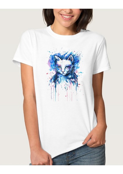 Watercolor Cat Kadın Beyaz Tshirt