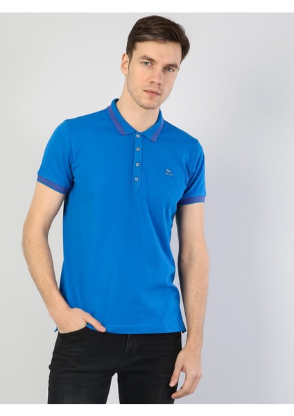 Slim Fit Polo Yaka Erkek Mavi Kısa Kol Tişört Cl1040747