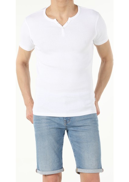 Slim Fit Placket Neck Erkek Beyaz Kısa Kol Tişört Cl1040245