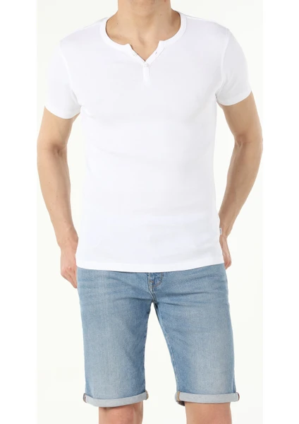 Slim Fit Placket Neck  Erkek Beyaz Kısa Kol Tişört Cl1040245