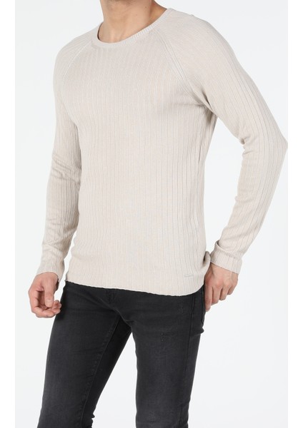 Slim Fit Yuvarlak Yaka Erkek Bej Kazak