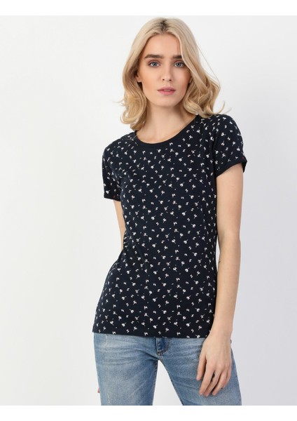 Colins Slim Fit Bisiklet Yaka Kadın Lacivert Kısa Kol Tişört