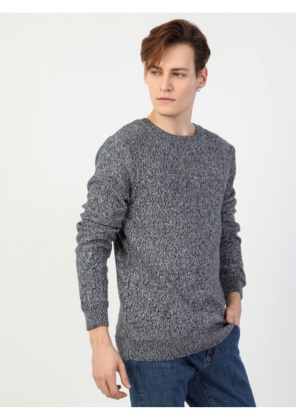 Slim Fit Yuvarlak Yaka Erkek Mavi Kazak