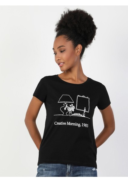 Colins Regular Fit Bisiklet Yaka Kadın Siyah Kısa Kol Tişört