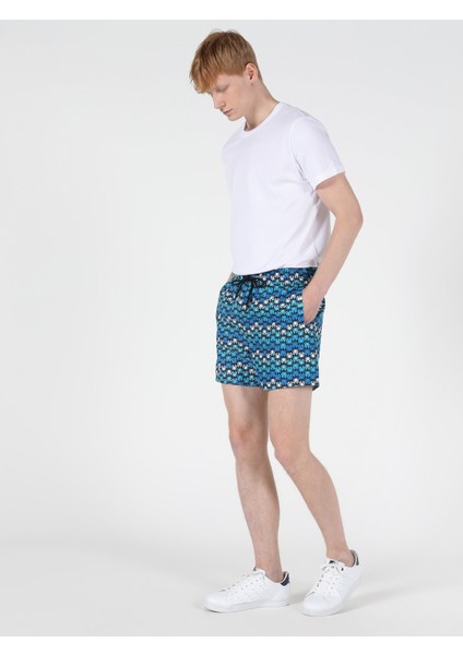 Slim Fit Orta Bel Erkek Mavi Deniz Şortu