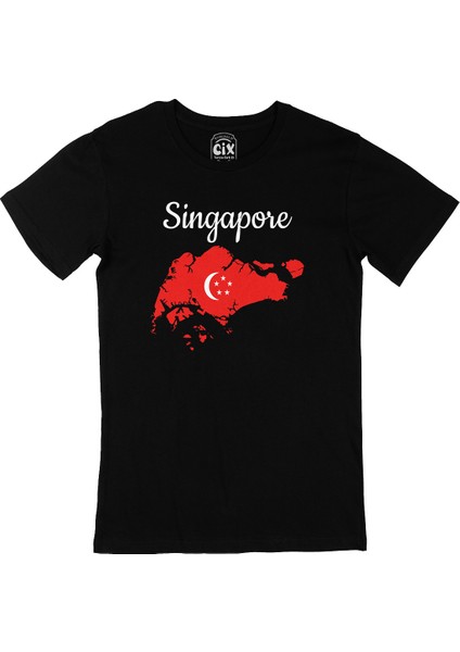 Singapur Haritalı ve Bayraklı Siyah Tişört