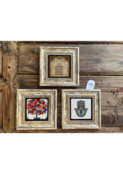 Decor Çerçeveli Taş Duvar Dekoru 20 x 20 cm 3 Lü Set Nar Ağacı Ebruli Çiçek Lale