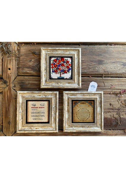 Decor Çerçeveli Taş Duvar Dekoru 20 x 20 cm 3 Lü Set Vav Elif Dua Bereket Duası