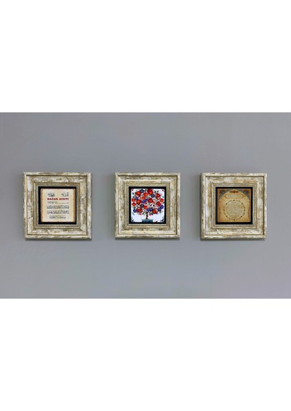 Decor Çerçeveli Taş Duvar Dekoru 20 x 20 cm 3 Lü Set Vav Elif Dua Bereket Duası