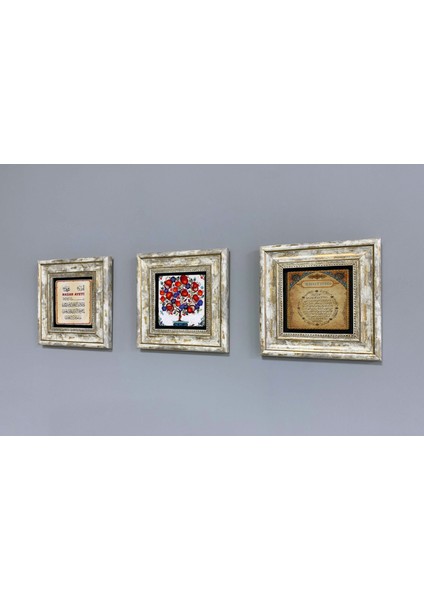 Decor Çerçeveli Taş Duvar Dekoru 20 x 20 cm 3 Lü Set Vav Elif Dua Bereket Duası