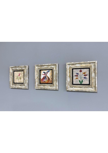 Decor Çerçeveli Taş Duvar Dekoru 20 x 20 cm 3 Lü Set Nar Ağacı Fatma Ana Eli ve Nar
