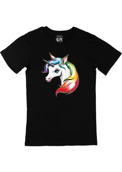 Renkli Unicorn Siyah Tişört