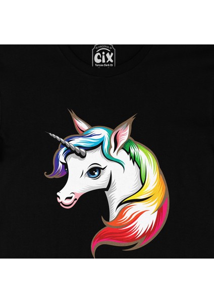 Renkli Unicorn Siyah Tişört