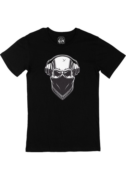Kulaklıklı Kuru Kafa Siyah Tişört