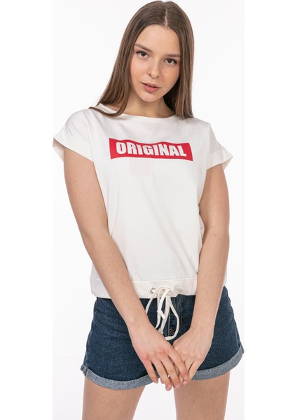 Kadın Original Baskılı Pamuklu T-Shirt 21026 Beyaz